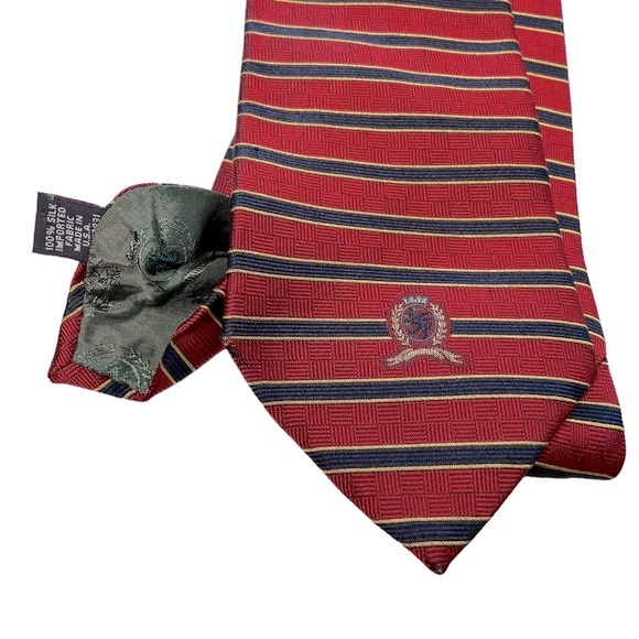 TOMMY HILFIGER 100% Silk Tie Red Blue and Gold Stripes - Picture 6 of 8